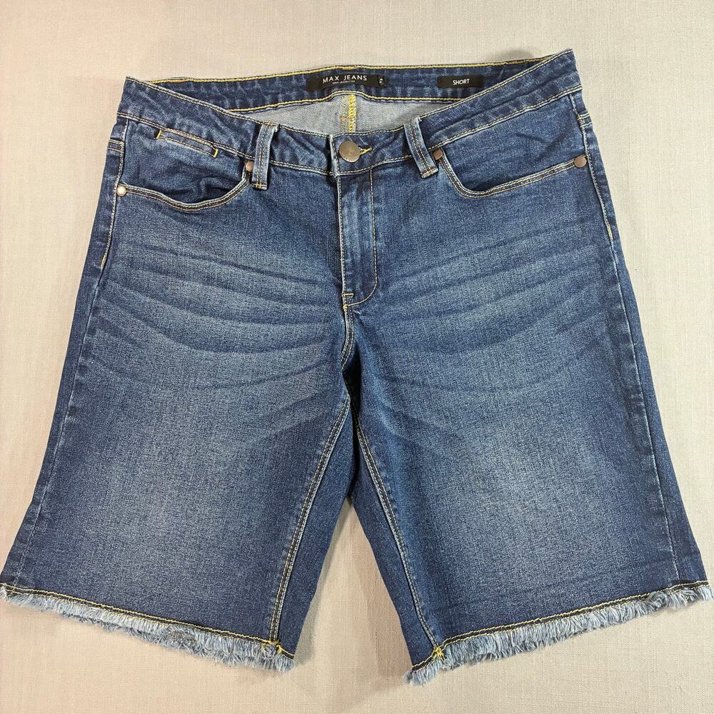Max Jeans Women’s Denim Bermuda Shorts Size 10 Frayed Hem Stretch Blue